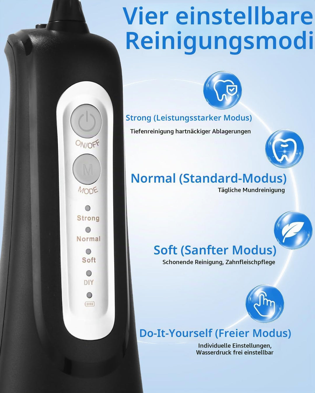 Munddusche Kabellos, Elektrischer Zahnreiniger, 4 Modi 9 Düsen USB-C Wiederaufladbare Wasser Flosser