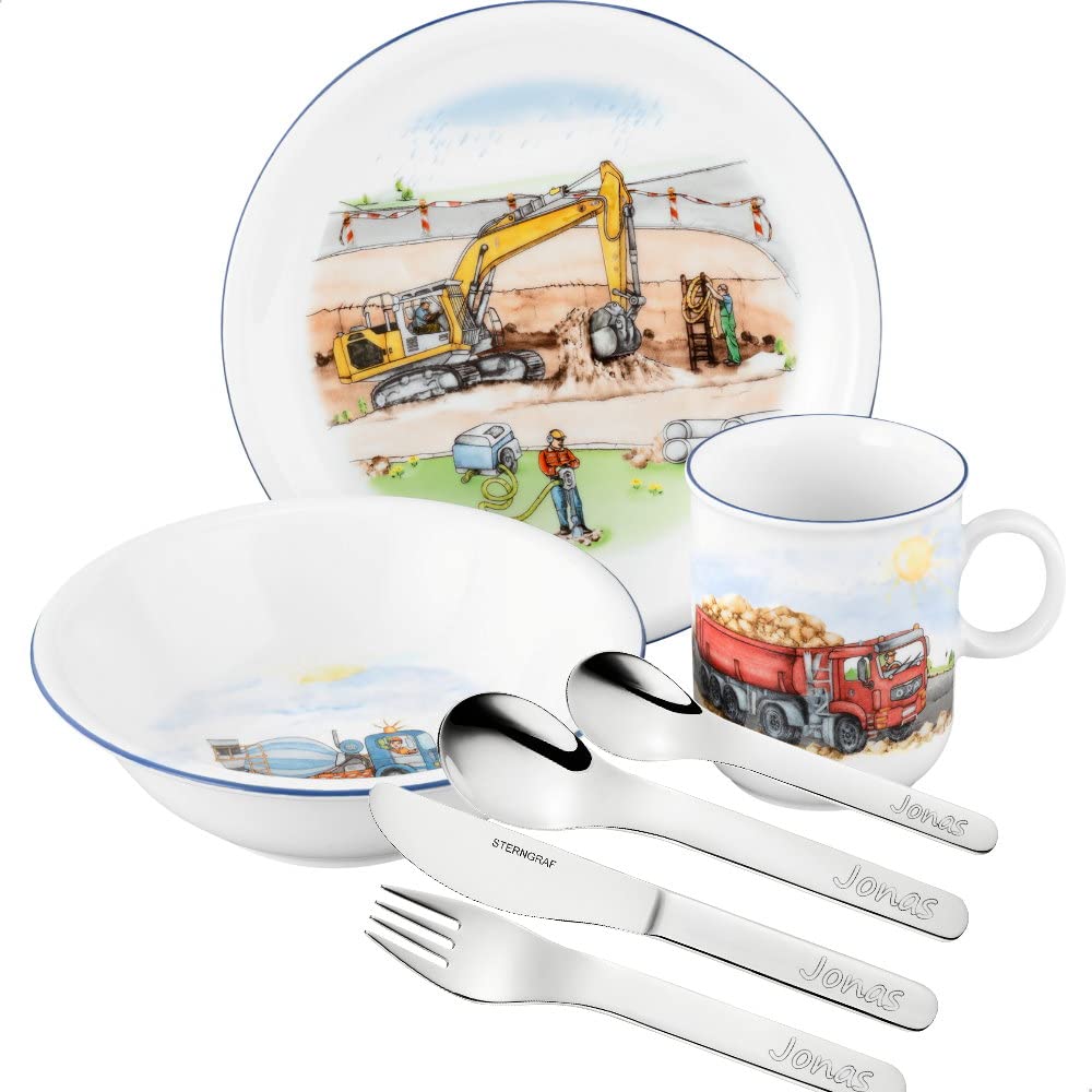 Kinderset Auf der Baustelle 7tlg. mit Gravur (z.B. Namen) personalisiertes Kinderbesteck + Kinderges