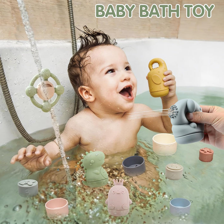 Badespielzeug Baby ab 1 2 3 4 Jahre, Badewannenspielzeug Silikon Wasserspielzeug mit Spritztiere Sta