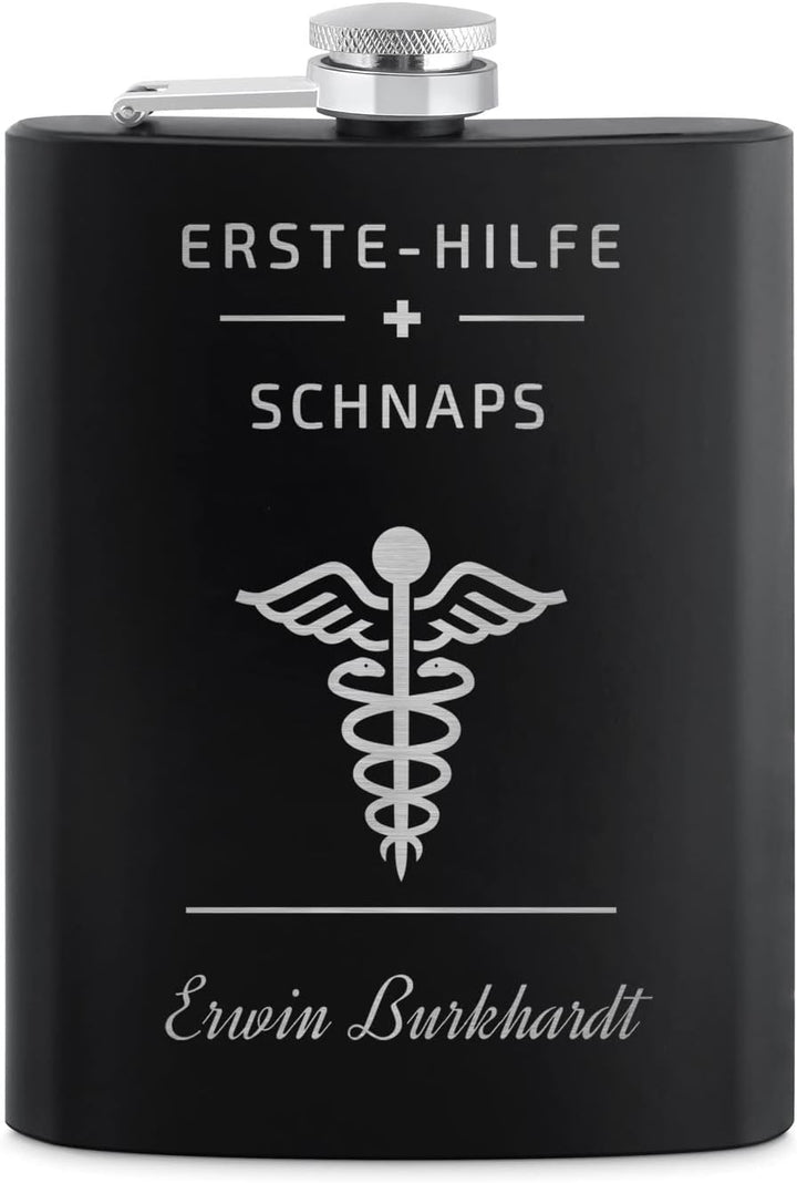 Maverton Flachmann Set 200 ml mit Gravur - Taschenflasche + 4 Schnapsgläsern 20 ml mit Trichter - Br