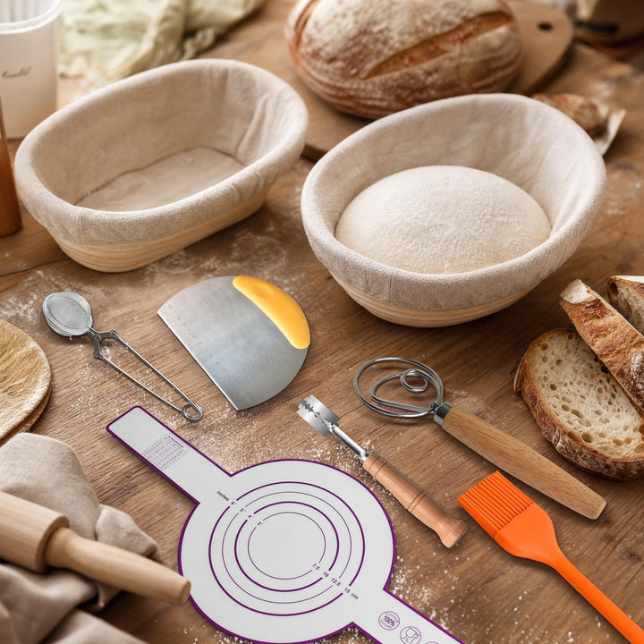 Sauerteig Starter Set, 9-teilig Brotgärkorb Set aus Silikon Gärkörbchen 23cm Rund und 25cm Oval Gärk