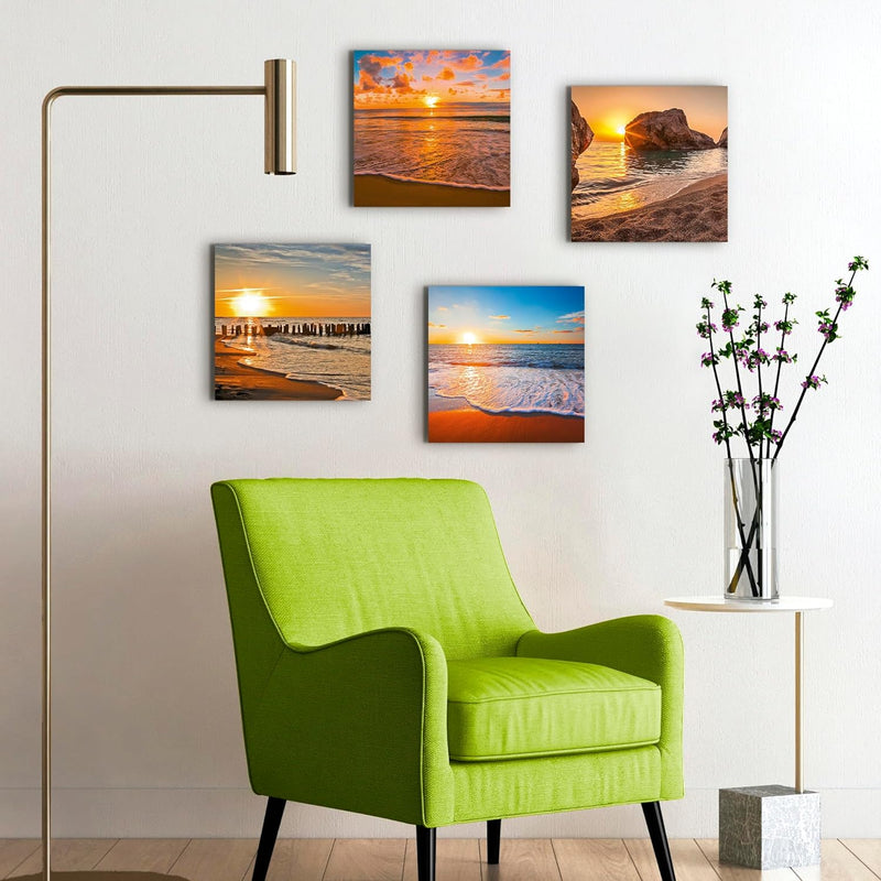 ARTLAND Leinwandbilder auf Holz Wandbild Bild Set 4 teilig je 40x40 cm Quadratisch Landschaft Sonnen