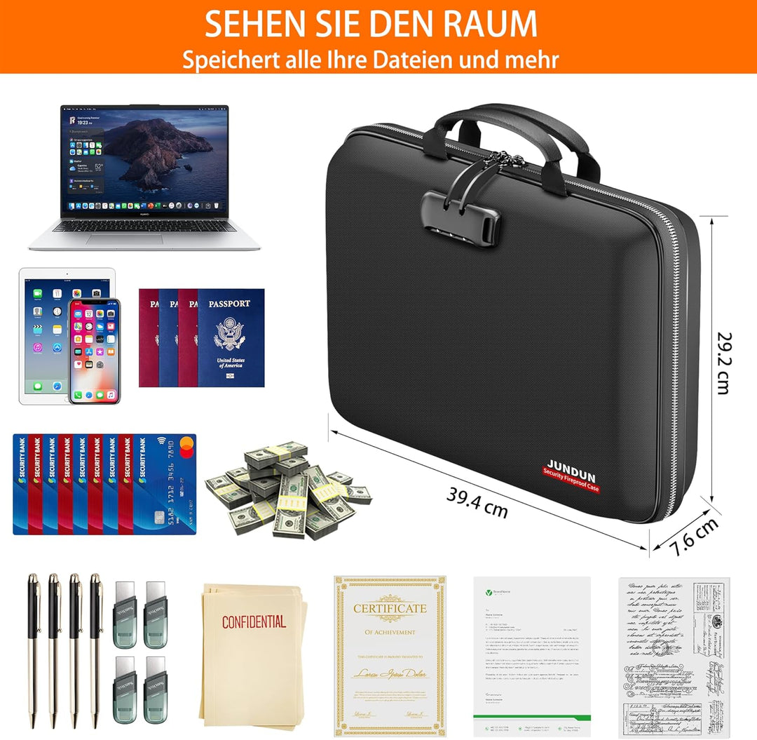 JUNDUN Feuerfeste Dokumentenbox mit Schloss & Trageriemen, Hartschalen-Aktentasche mit 13 Fächern, A