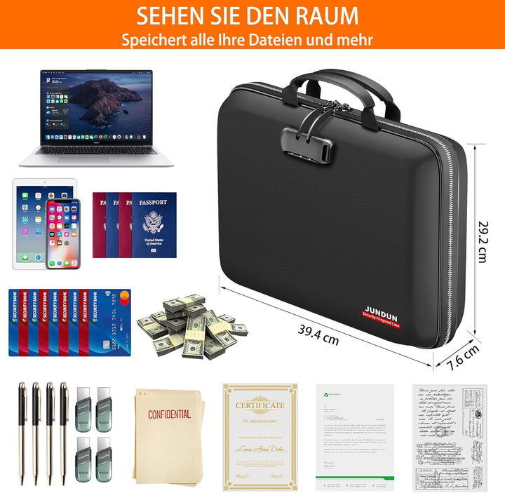 JUNDUN Feuerfeste Dokumentenbox mit Schloss & Trageriemen, Hartschalen-Aktentasche mit 13 Fächern, A