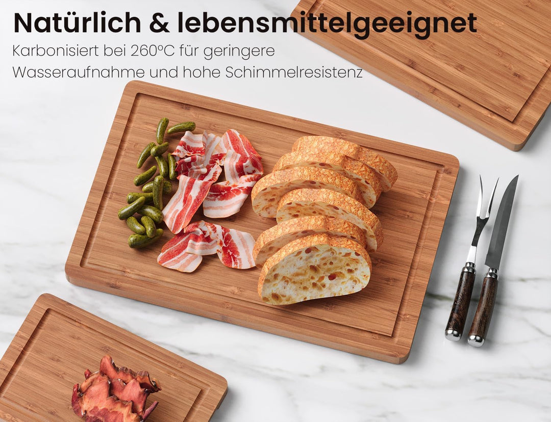Fibogollo Bambus-Schneidebretter (3er-Set), karbonisierte Bambus-Schneidebretter mit Saftrinne für d