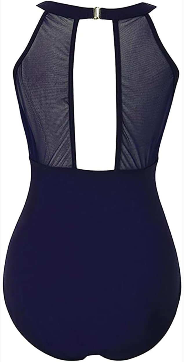 VILOREE Damen Schlankheits Badeanzug Raffung Einteiler High Neck Bademode Strandmode XL Navy, XL Nav