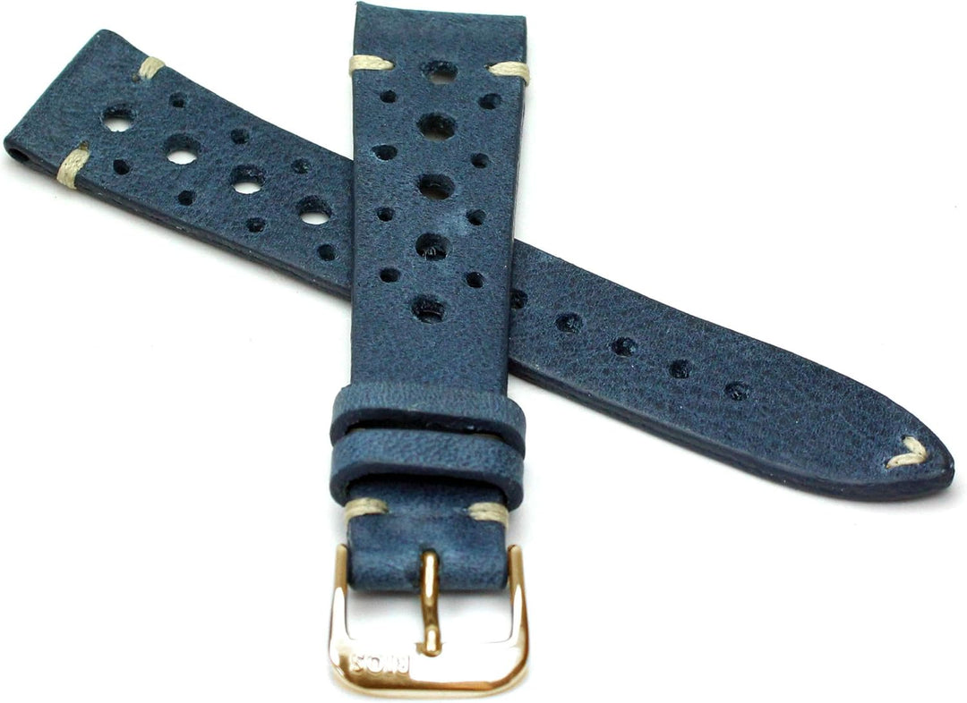 RIOS1931 Rallye Gold Vintage Rindsleder Uhrenarmband handgemacht in Deutschland Robust 19mm blau