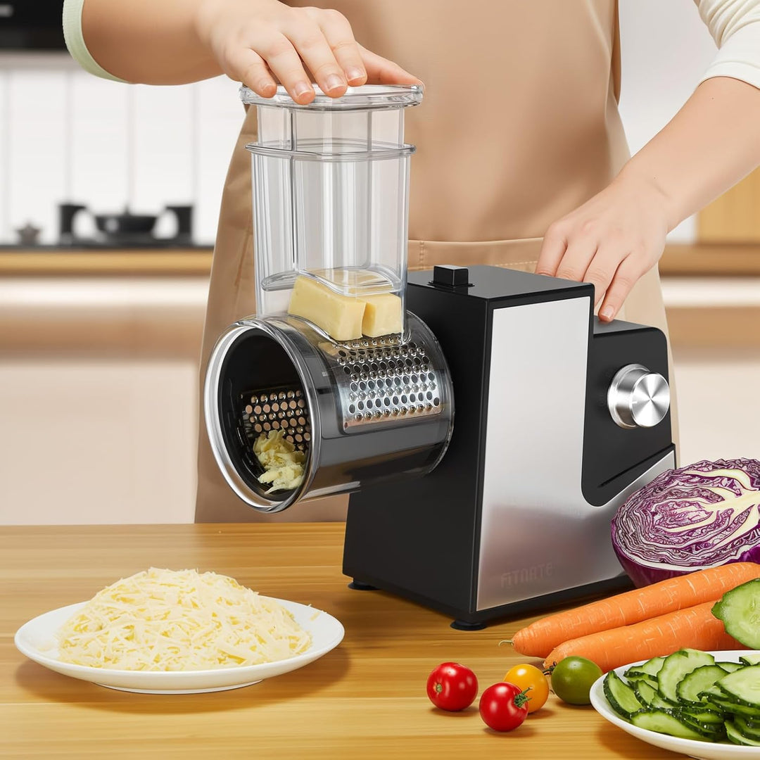 FITNATE Gemüseschneider Elektrisch, Elektrische Käsereibe, Käsereibe, Reibe für Gemüse mit 5 Einsätz