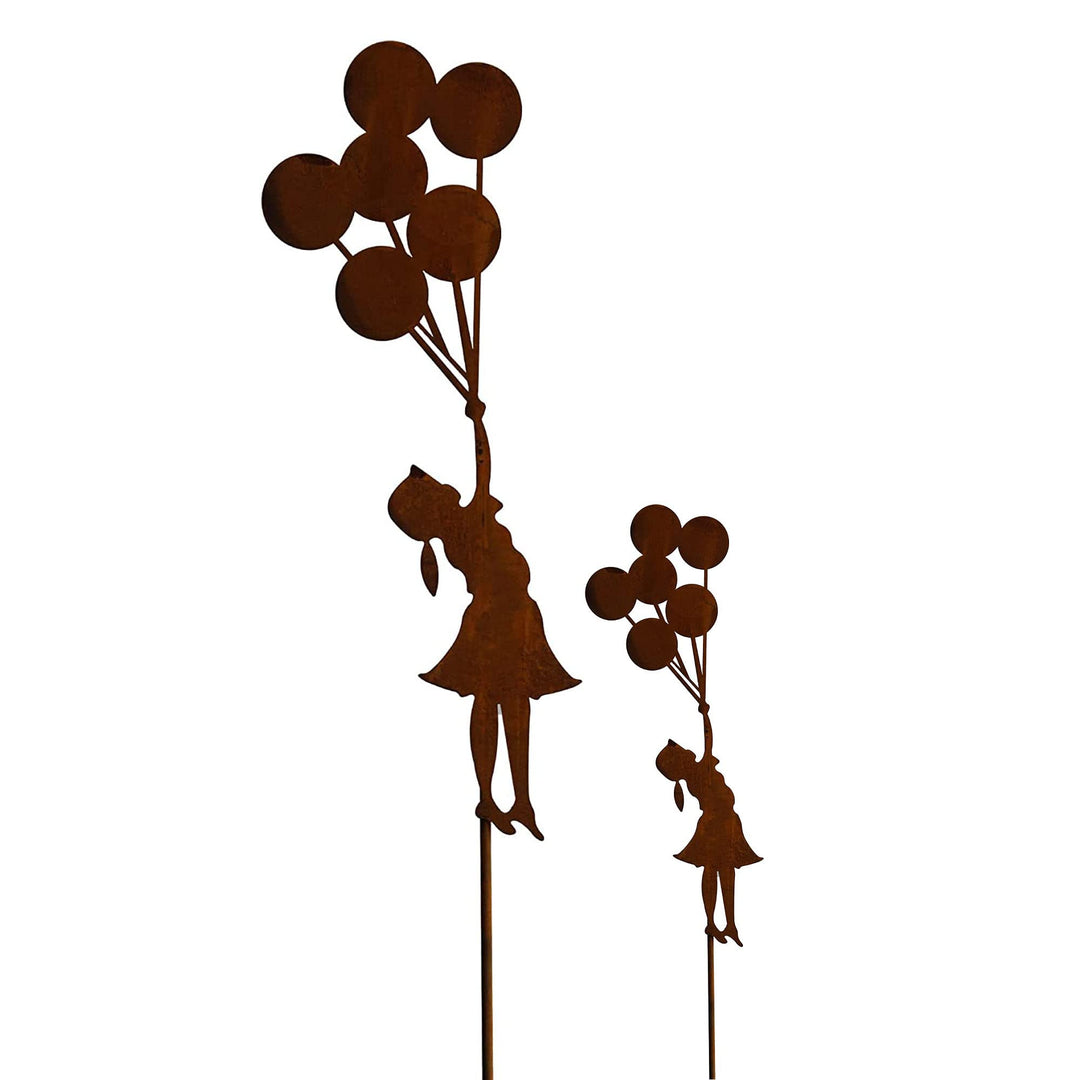 Bornhöft 2er Set Gartenstecker Rost Deko Mädchen für den Garten Luftballons Metall Gartendeko Stecke