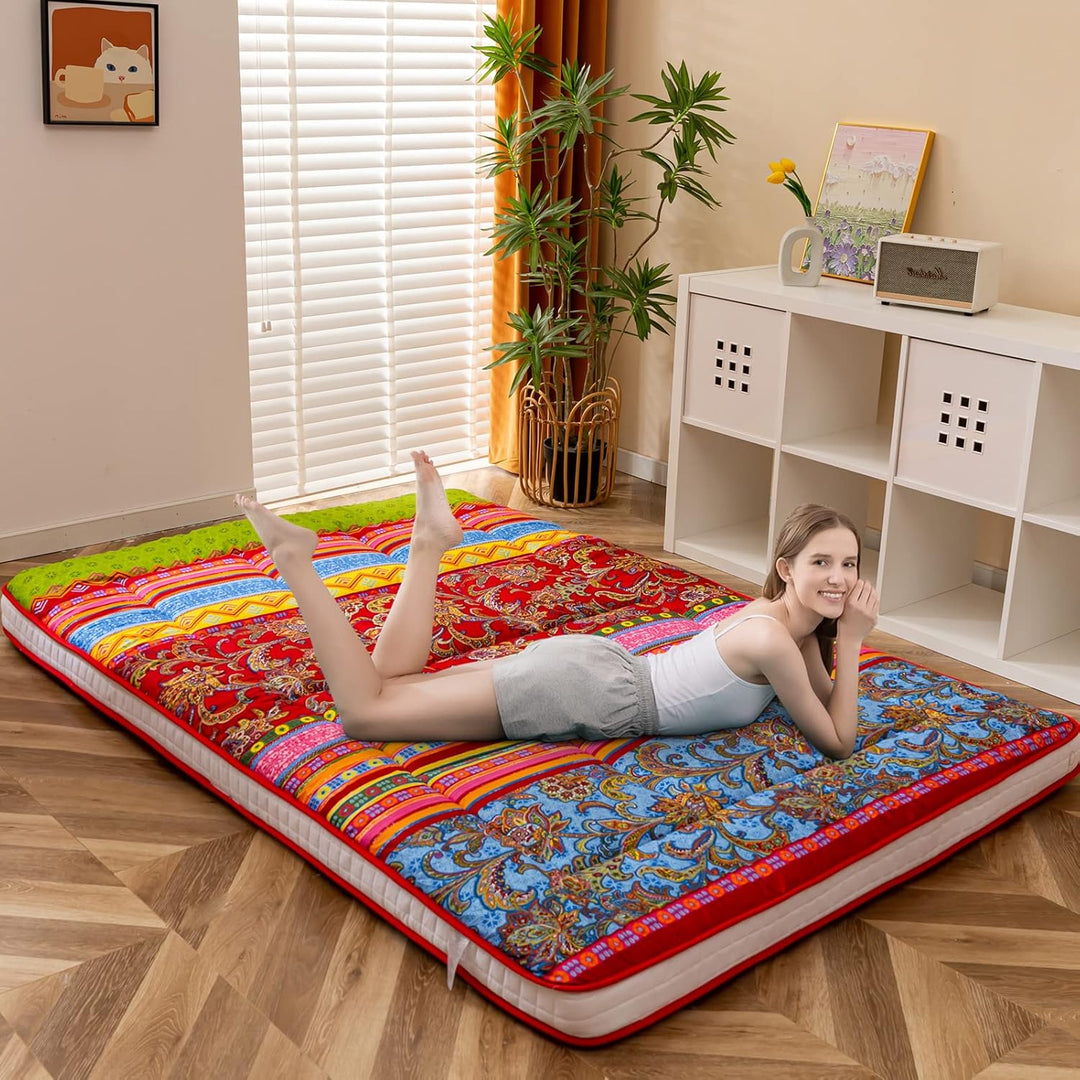 MAXYOYO Böhmische Retro-Bodenmatratze, Vintage-Blumenmuster, japanische Futon-Matratze, aufrollbar,