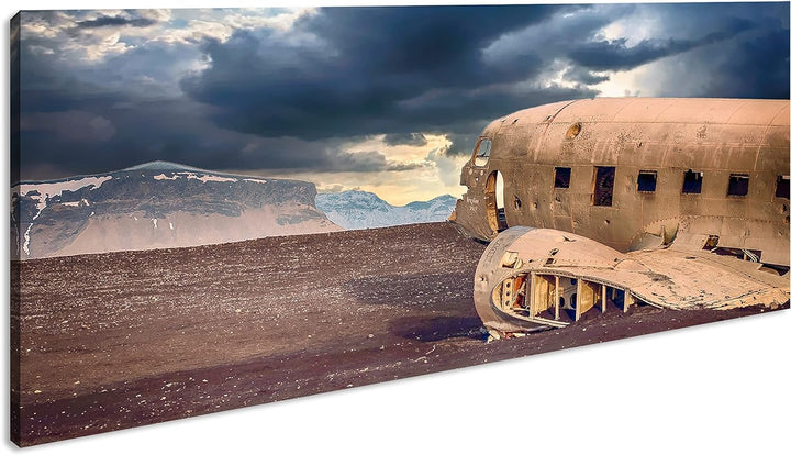 abgestürztes Flugzeug Panorama 120x60 cm als Leinwandbild, Motiv fertig gerahmt auf Echtholzrahmen,