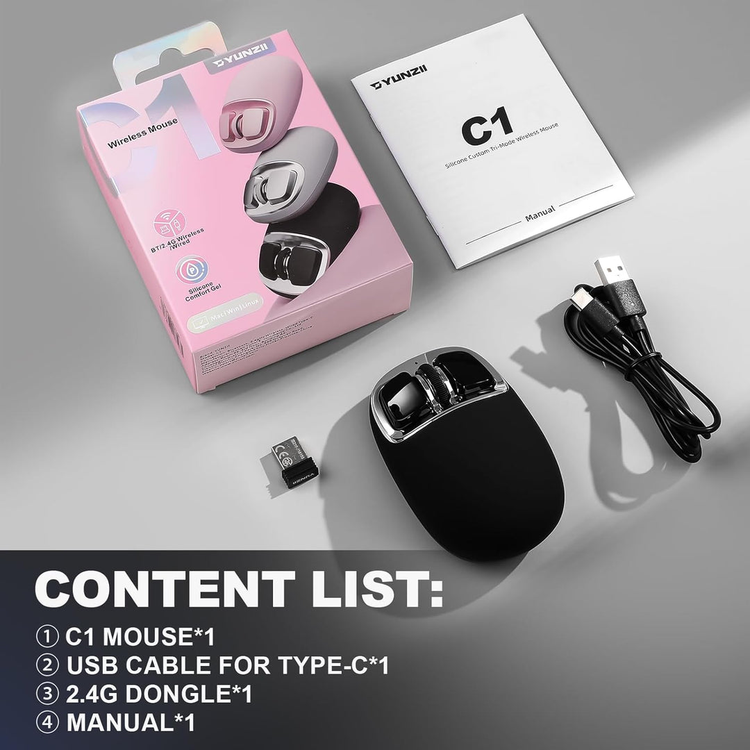 YUNZII C1 Silikon-Funkmaus,Tri-Mode 2,4 GHz/USB-C/Bluetooth Maus, 4800 DPI Optisches Abtastung, 6 Ve
