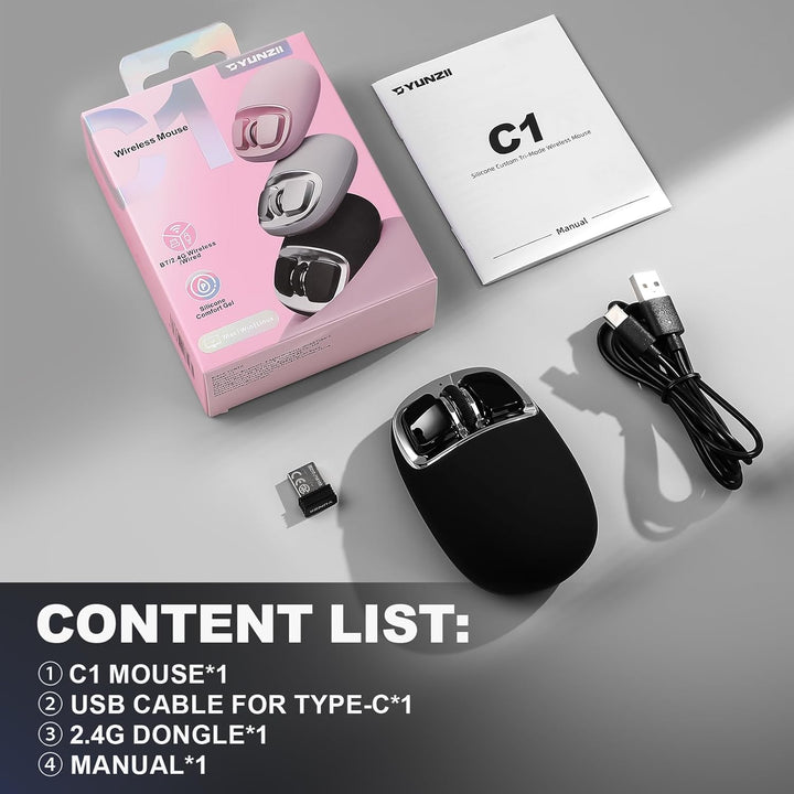 YUNZII C1 Silikon-Funkmaus,Tri-Mode 2,4 GHz/USB-C/Bluetooth Maus, 4800 DPI Optisches Abtastung, 6 Ve