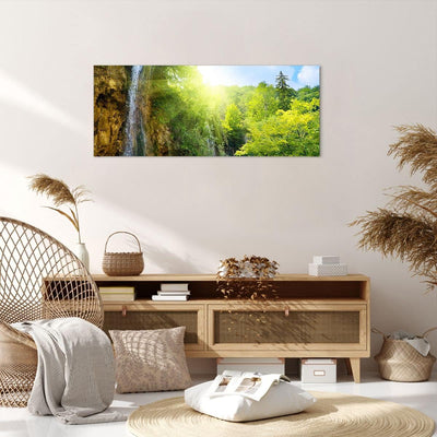 Wandbilder Dekoration Wohnzimmer Wasserfall Forrest Himmel Panorama Bilder auf Leinwand 120x50cm Lei