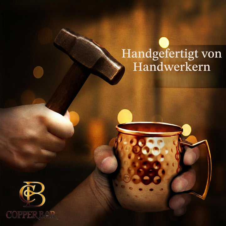 Copper-Bar Moscow Mule Kupferbecher | 4er-Set gehämmerter Becher | 100% HANDGEFERTIGT aus reinem Kup