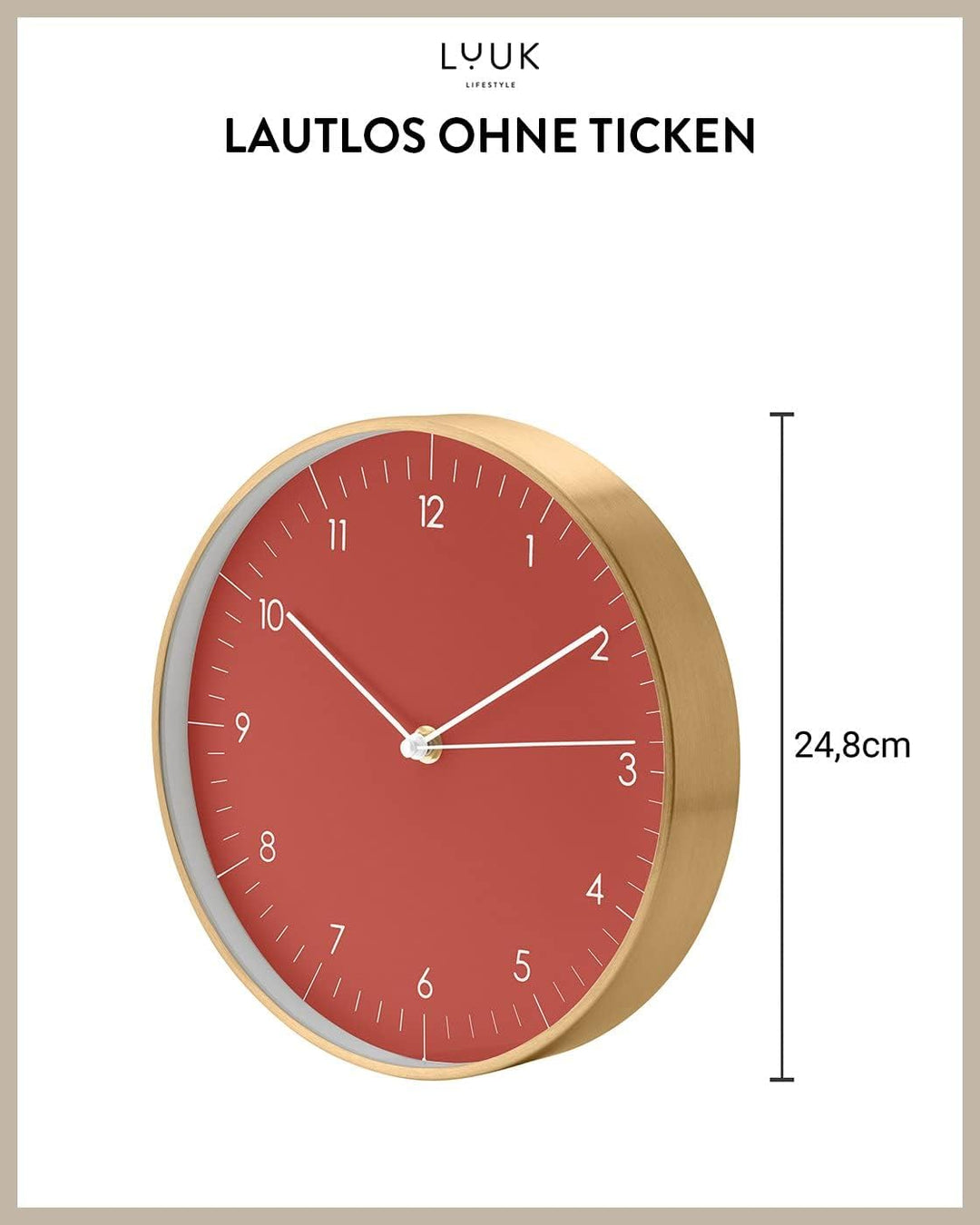 LUUK LIFESTYLE Moderne Quarz Wanduhr, Geräuschlos, 24,8cm, Rot &amp; Gold | mit Sekundenzeiger, schlicht