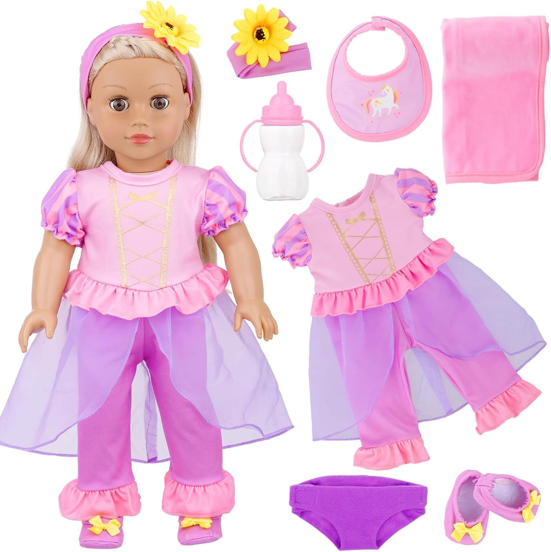 7 Teile Puppenkleidung für 40 bis 46 cm - Strampler Outfit und Zubehör Set Geschenk, ohne Puppe