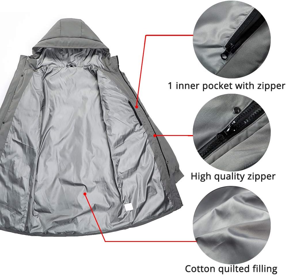 Herren Winterjacke Warm Lang Warme Atmungsaktiv Jacken Outdoor Coat mit Kapuze, S Grau