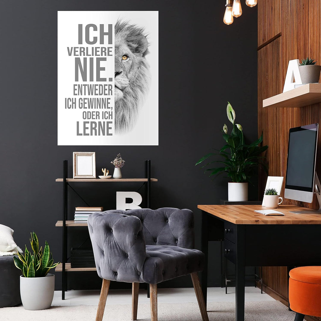 wandmotiv24 Poster als Wanddeko, Grösse 80x60cm, ich verliere nie, Weiss, Löwe, Moderne Wanddeko, Wa