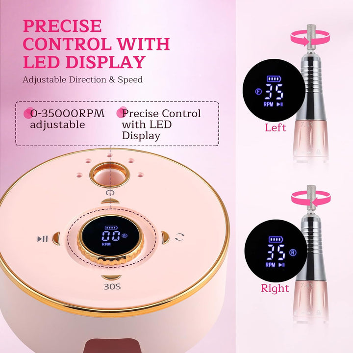 Nagelfräser Akku mit UV-Nageltrockner, 35000U/min Nagelfräser für Gelnägel, 13-in-1 Elektrisch Nagel