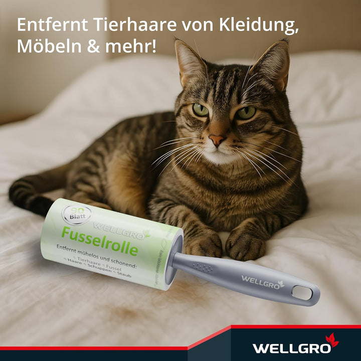 WELLGRO Fusselrolle Tierhaare – 10 Rollen 900 Blatt + 2 Abroller – Fusselroller Kleidung & Kleberoll