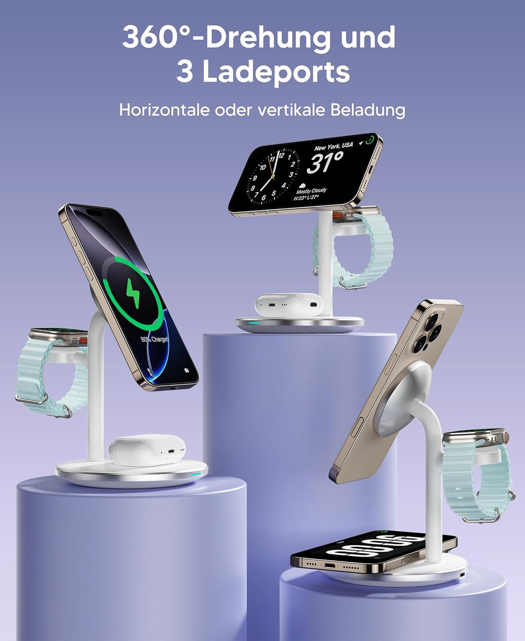 3 in 1 Induktive Ladestation für mehrere Geräte,15W Kabellos Ladestation,Wireless Charger Kompatibel