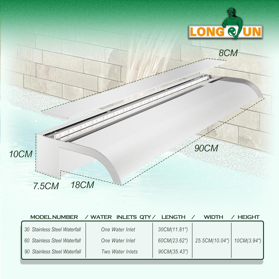 Longrun 60cm Teich Wasserfall Klingen Set, 304 Edelstahl Gebogener Wasserfall mit 7 Farben Bluetooth