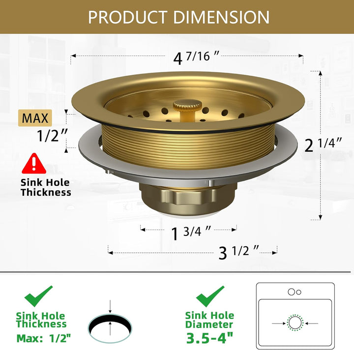 Küchenspüle Abfluss Gold Spülbecken Abflusssieb mit festem Pfosten 8,9 cm Küchenablauf Montage mit S