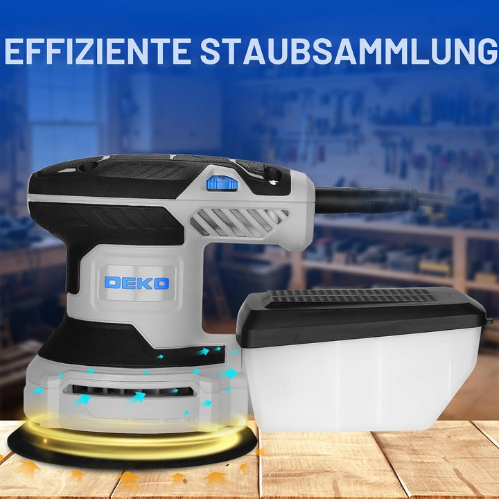 Exzenterschleifer 125mm mit Absaug 300W: DEKOPRO Schleifmaschine für Holz mit 16 Schleifpapieren,6 G