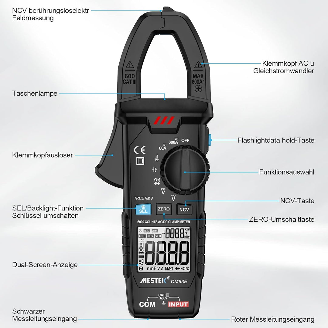 Stromzange MESTEK AC/DC Zangenmultimeter Strommessgerät Amperezange True-RMS 6000Zähler Automatische