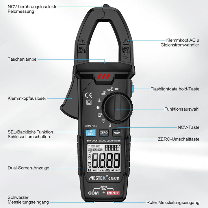 Stromzange MESTEK AC/DC Zangenmultimeter Strommessgerät Amperezange True-RMS 6000Zähler Automatische