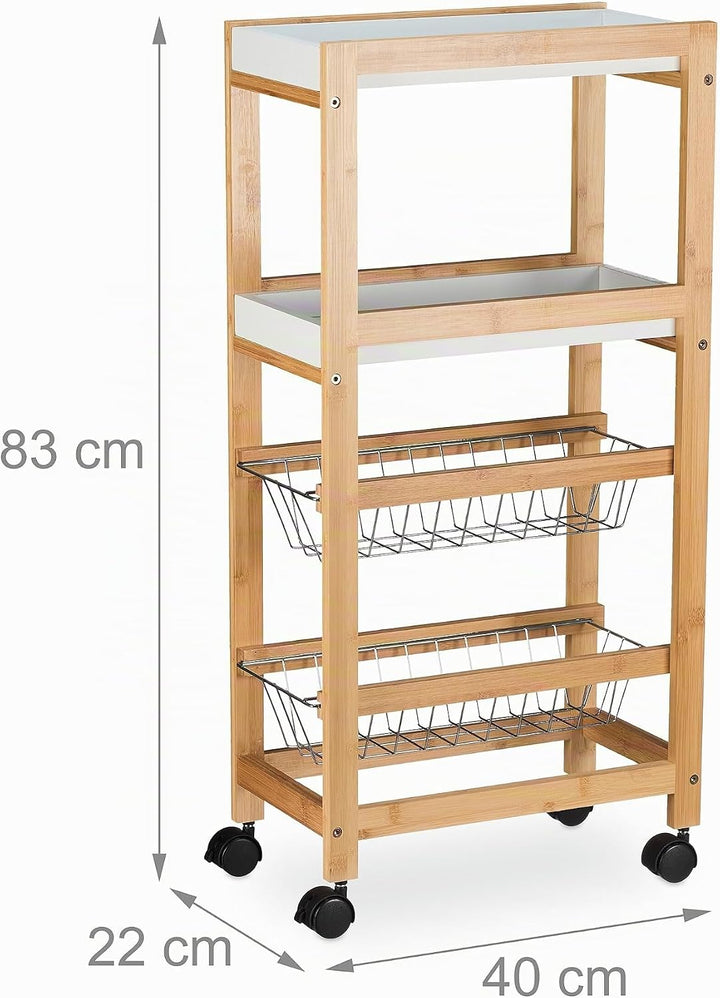 Relaxdays Nischenwagen, 4 Ablagen, schmales Nischenregal Bad &amp; Küche, HBT 83 x 22 x 40 cm, Bambus, R