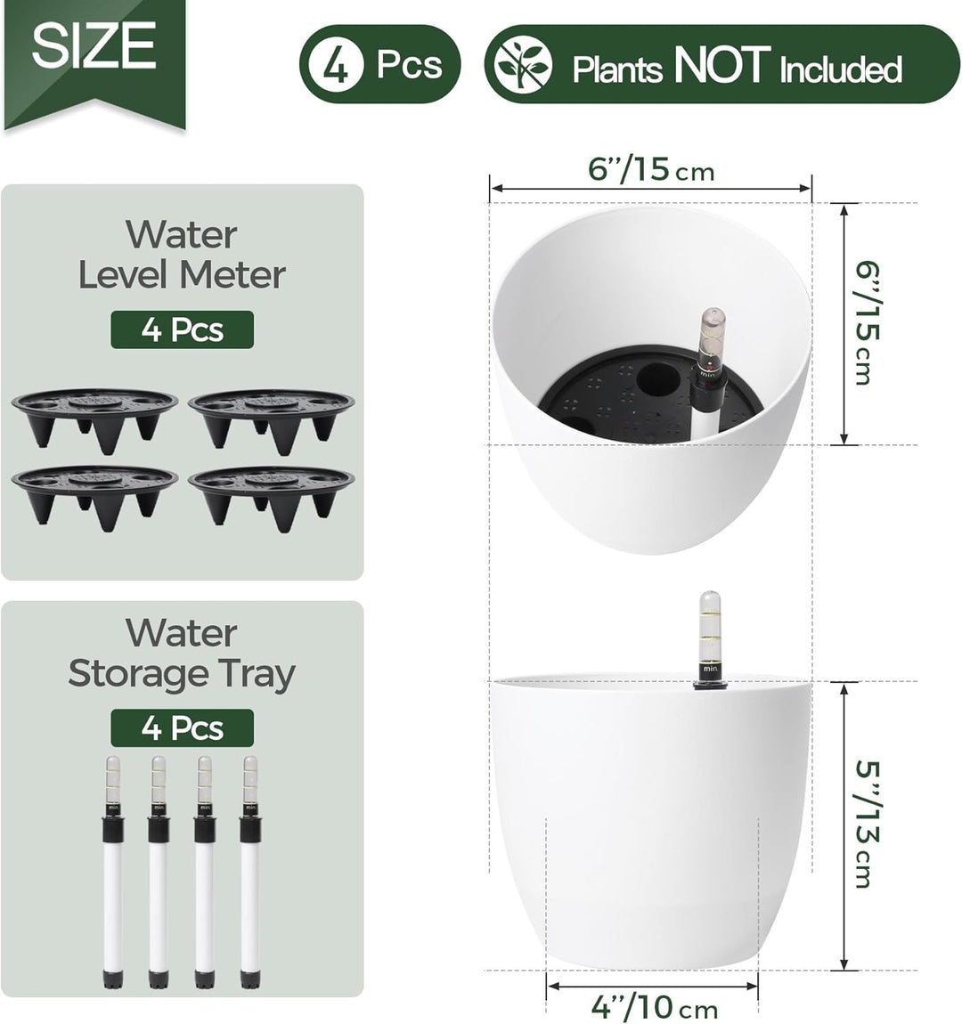 T4U 15cm Selbstwässernder Blumentopf mit Wasseranzeiger Weiss Blumentopf Set 4er-Set, Selbstbewässer