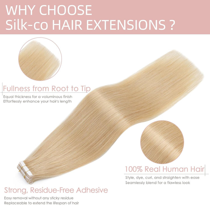 Silk-co Tape Extensions Echthaar 20stk, Haarverlängerung Tape in Extensions Echthaar, Remy Haarexten