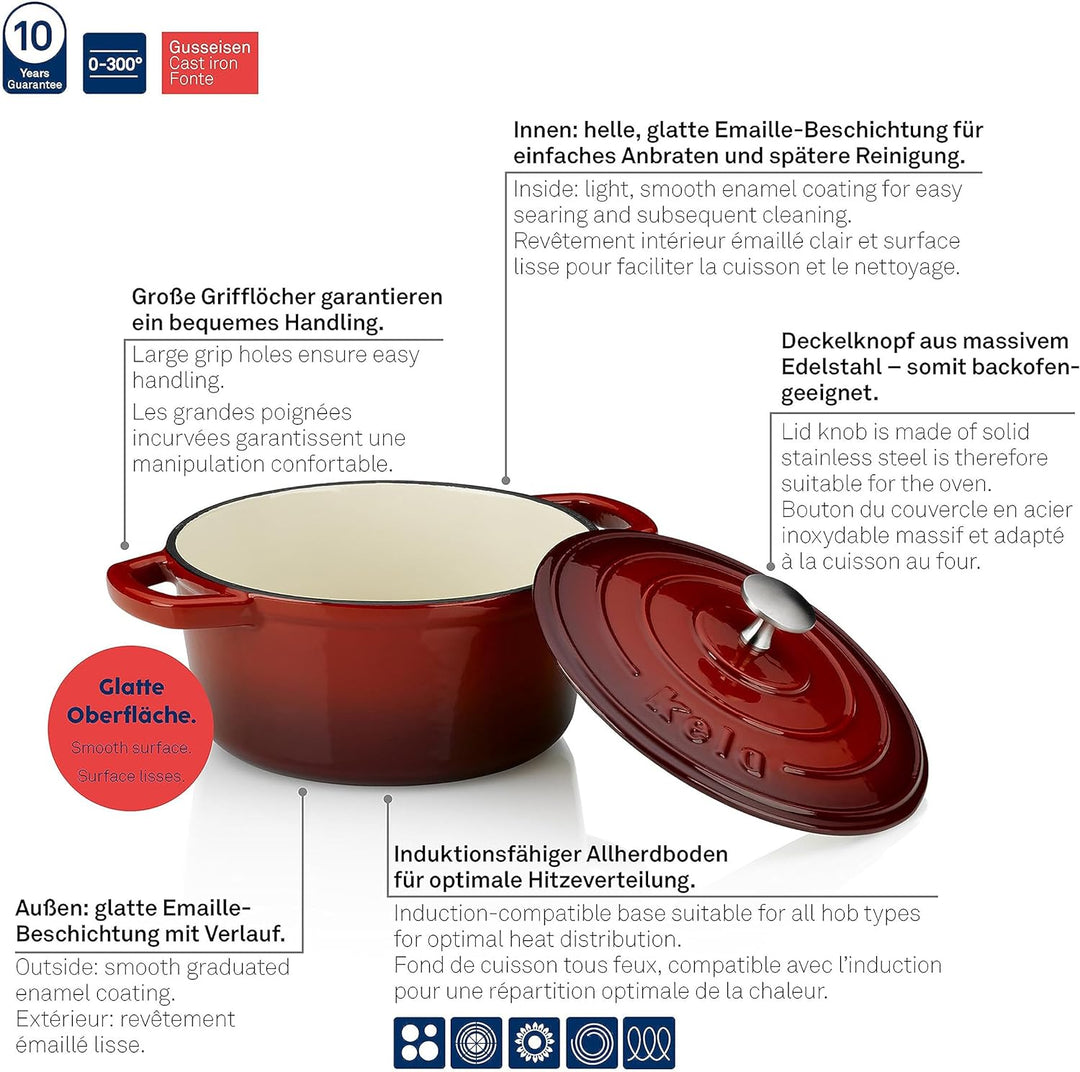 Kela Bräter Calido Gusseisen rot Rund 10cm 21cmØ 2,5l, 21 cm, Rot