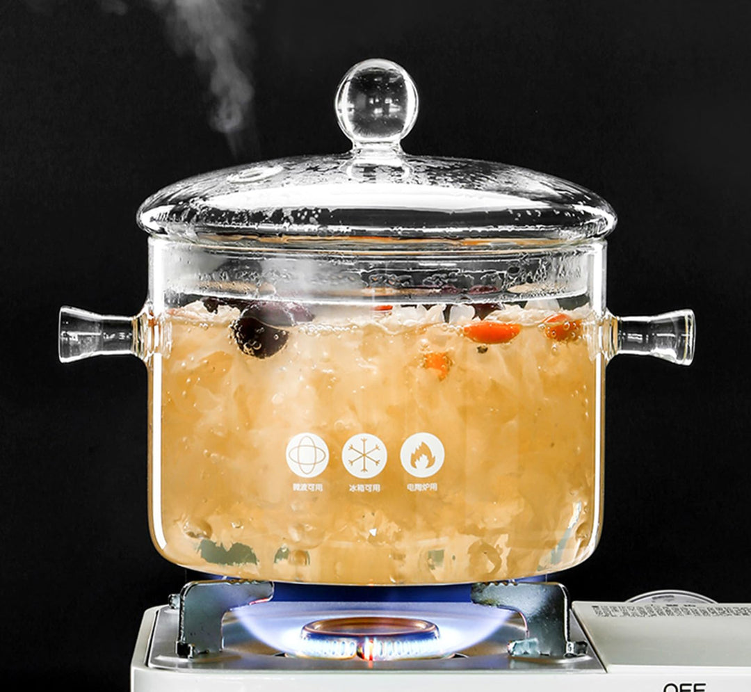 1.5L Glastopf zum Kochen, hochtemperaturbeständiger transparenter Glas Suppentopf mit Doppelgriff un