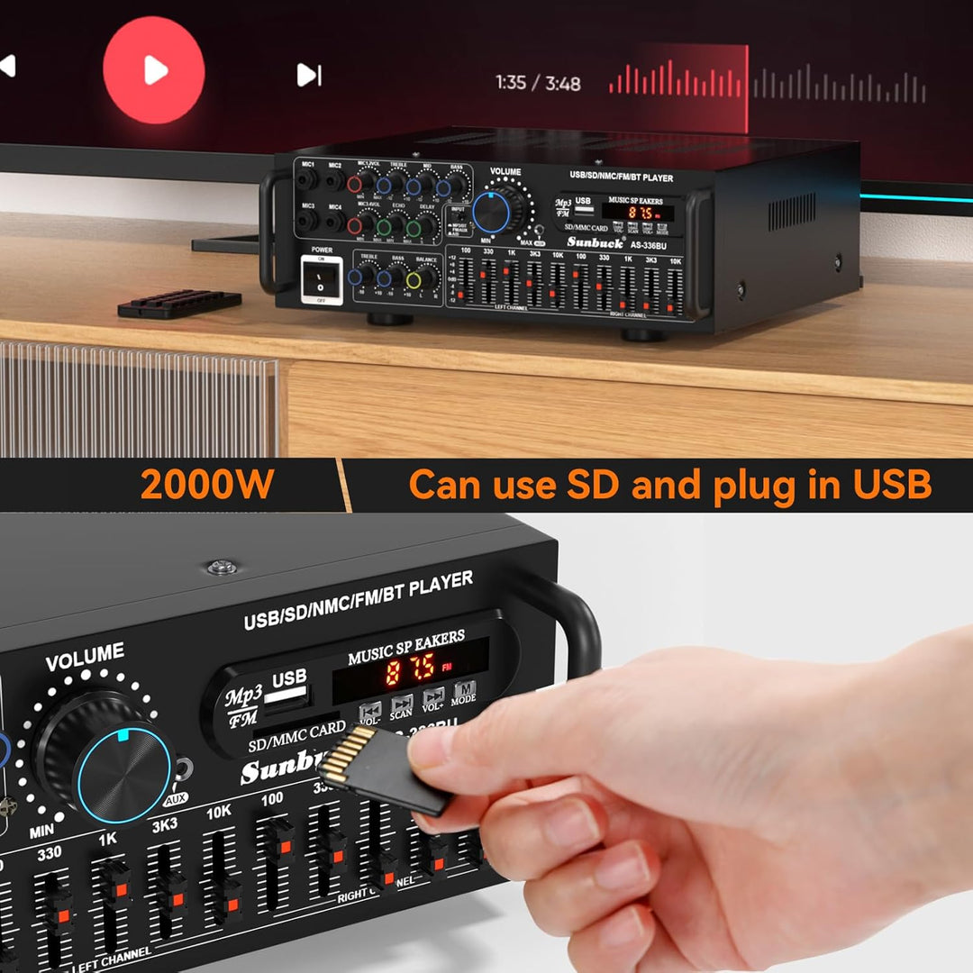 Areyourshop Hifi Verstärker Stereo pa endstufe mit Bluetooth 5.0 2000W Audio Receiver Karaoke FM USB