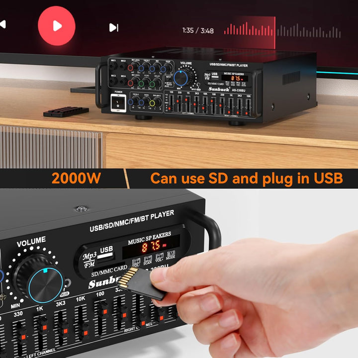 Areyourshop Hifi Verstärker Stereo pa endstufe mit Bluetooth 5.0 2000W Audio Receiver Karaoke FM USB