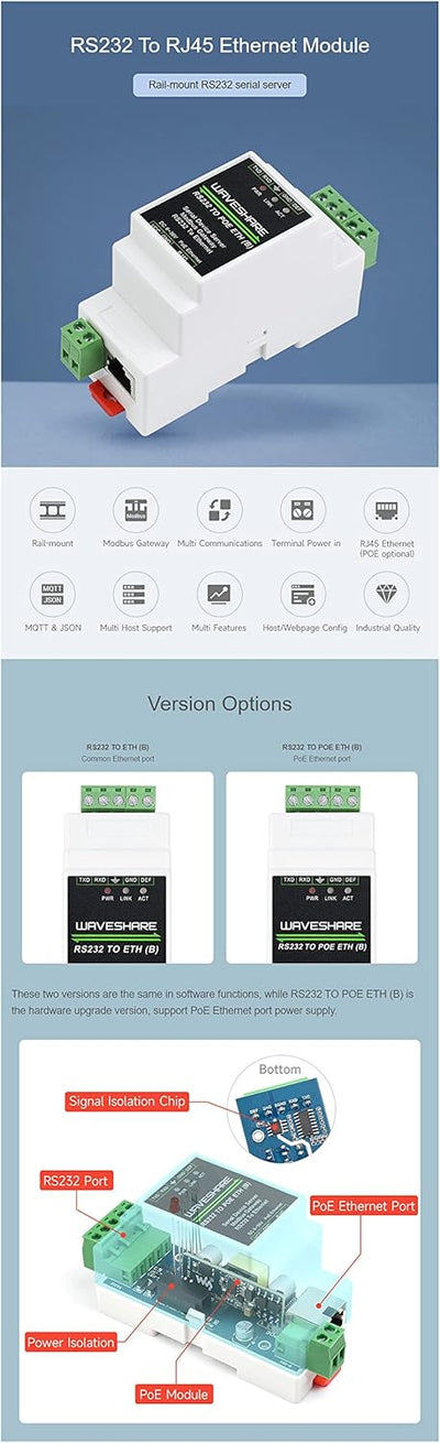 Industrial Serial RS232 to RJ45 Ethernet Server Module with POE Function TCP/IP to Serial Rail-Mount