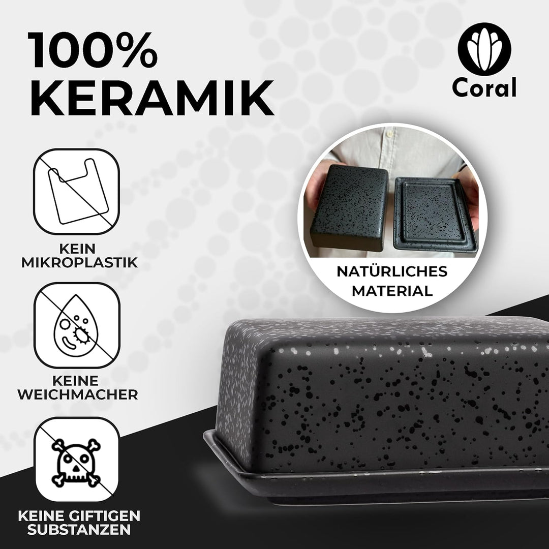 Coral - Butterdose Keramik in Schwarz für 250g Butter (14x12x6,5cm) - Design Butterschale & Butterbo