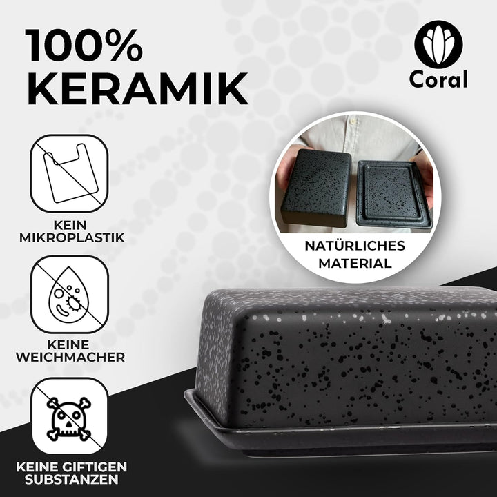 Coral - Butterdose Keramik in Schwarz für 250g Butter (14x12x6,5cm) - Design Butterschale & Butterbo