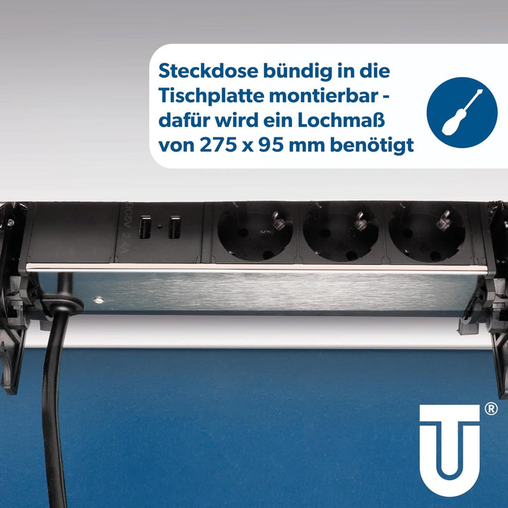Unitec Versenkbare Steckdosenleiste horizontal | 2 USB Ladebuchsen | 3 Steckdosen | beiliegende Halt