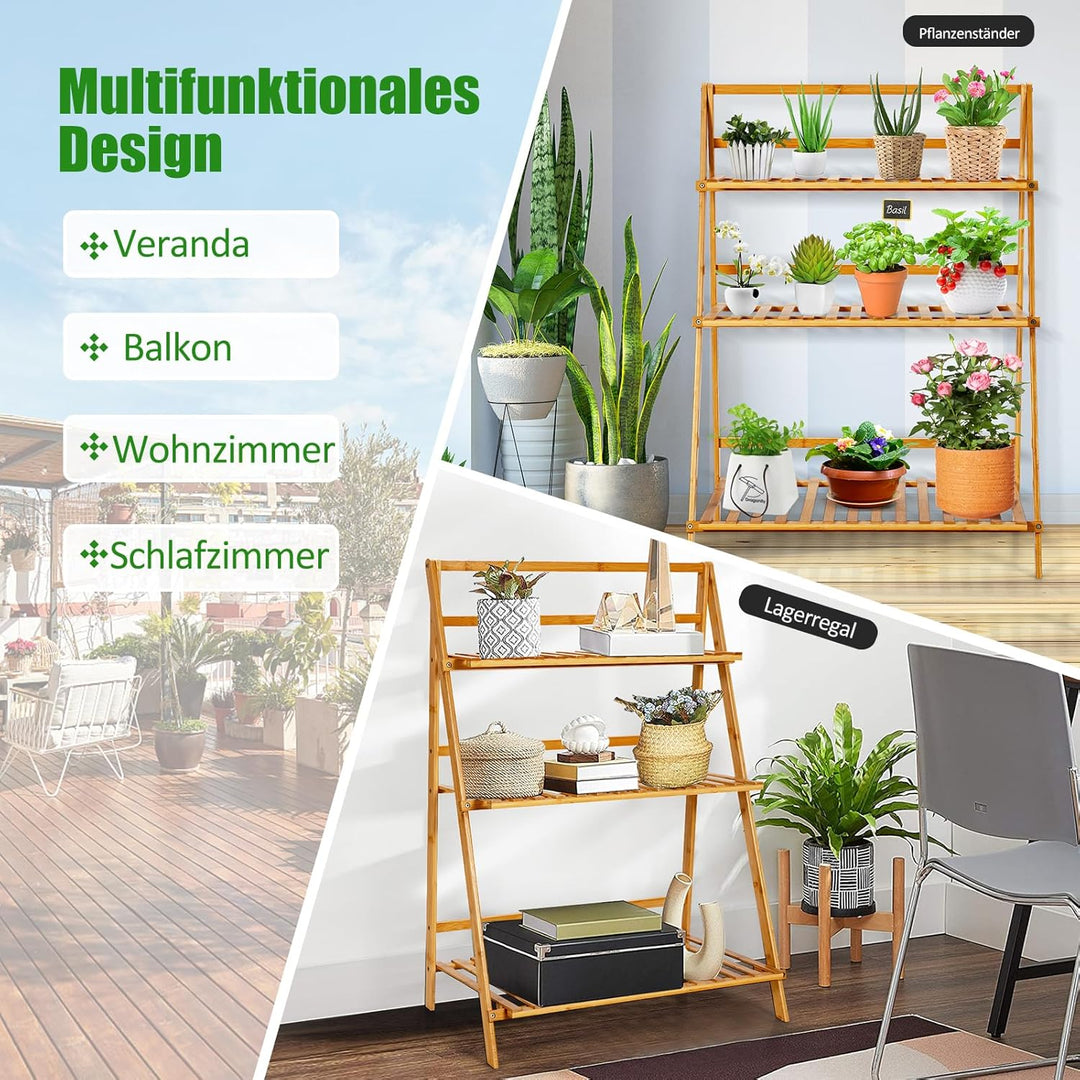 GOPLUS 3 Ebenen Blumenregal Bambus, klappbares Pflanzenregal, Blumentreppe, Blumenständer, Blumenlei