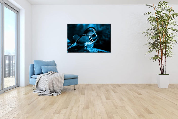 deyoli niedliche Holzente Format 100x70 Effekt: Monocrome Blau als Leinwandbild, Motiv fertig gerahm