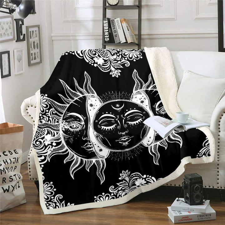 Sonne und Mond Sherpa-Decke Boho exotischer Stil Überwurfdecke für Frauen Teenager Schwarz Weiss Boh