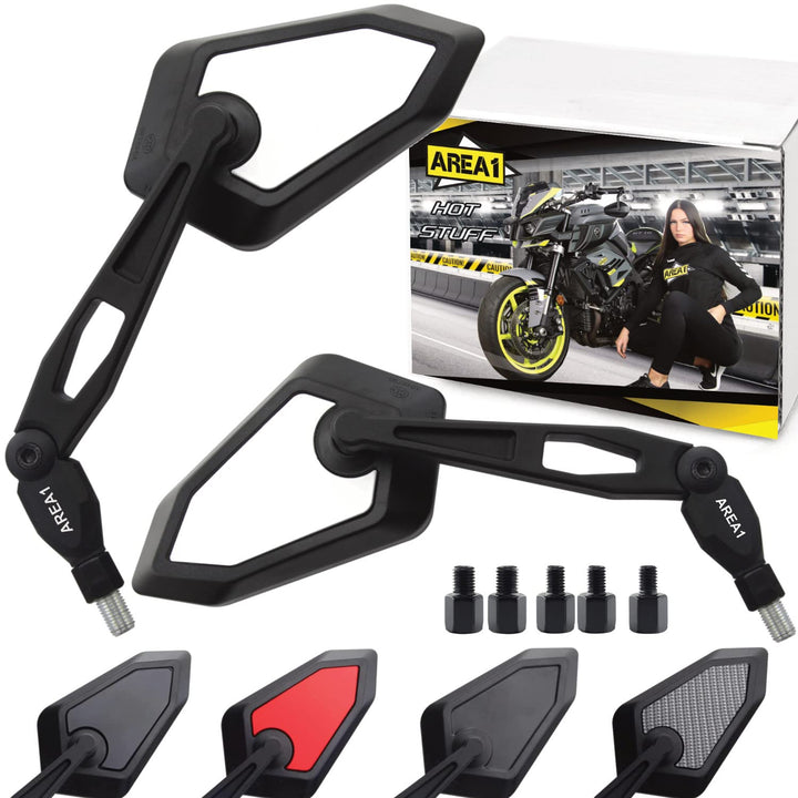 Area1 Universal Motorrad Rückspiegel Paar e-geprüft 2x M10 Rechtsgewinde + Linksgewindeadapter, pass