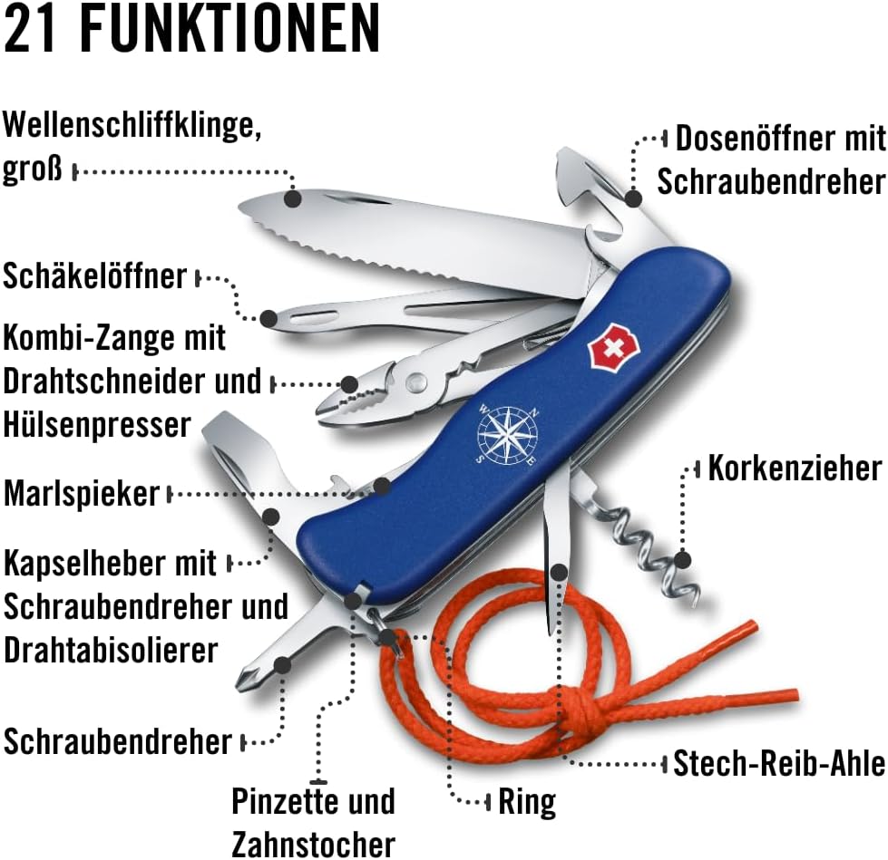 VICTORINOX Taschenmesser Skipper, 5 Funktionen, Swiss Made, Multitool inkl. Grosse Klinge mit Wellen