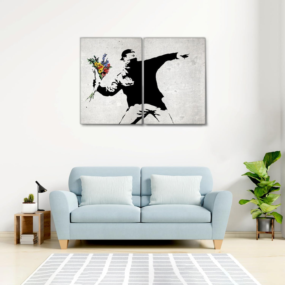 Giallobus - Grosse Gemälde im XXL-Format - Banksy - Street Art - Blumenwerfer - Leinwand - 144x100cm