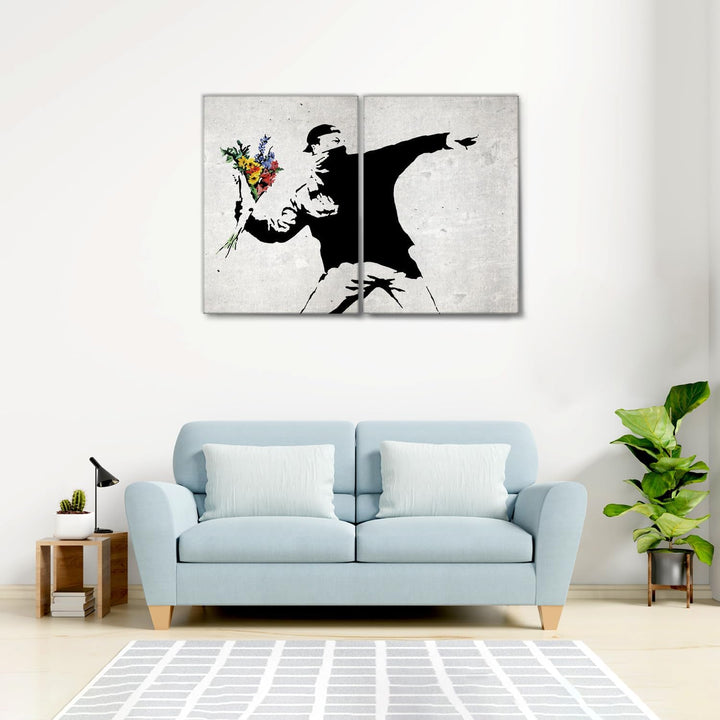 Giallobus - Grosse Gemälde im XXL-Format - Banksy - Street Art - Blumenwerfer - Leinwand - 144x100cm