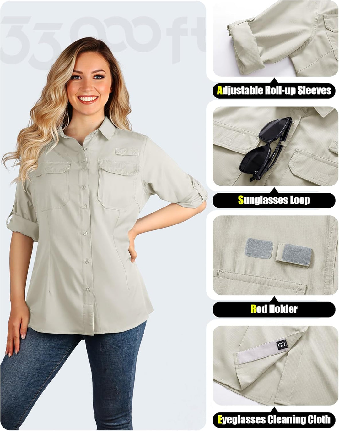 33,000ft Hemdbluse Damen UPF50 UV Schutz Hemd Schnelltrocknende Button-Down Shirts Atmungsaktive Wan
